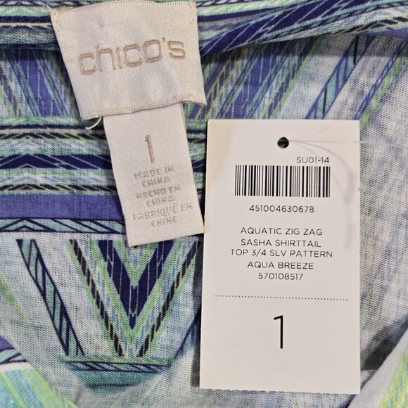Chico's NWT Sasha Aqua Breeze Zigzag Chevron Beaded Top Beachy Boho - Picture 8 of 9